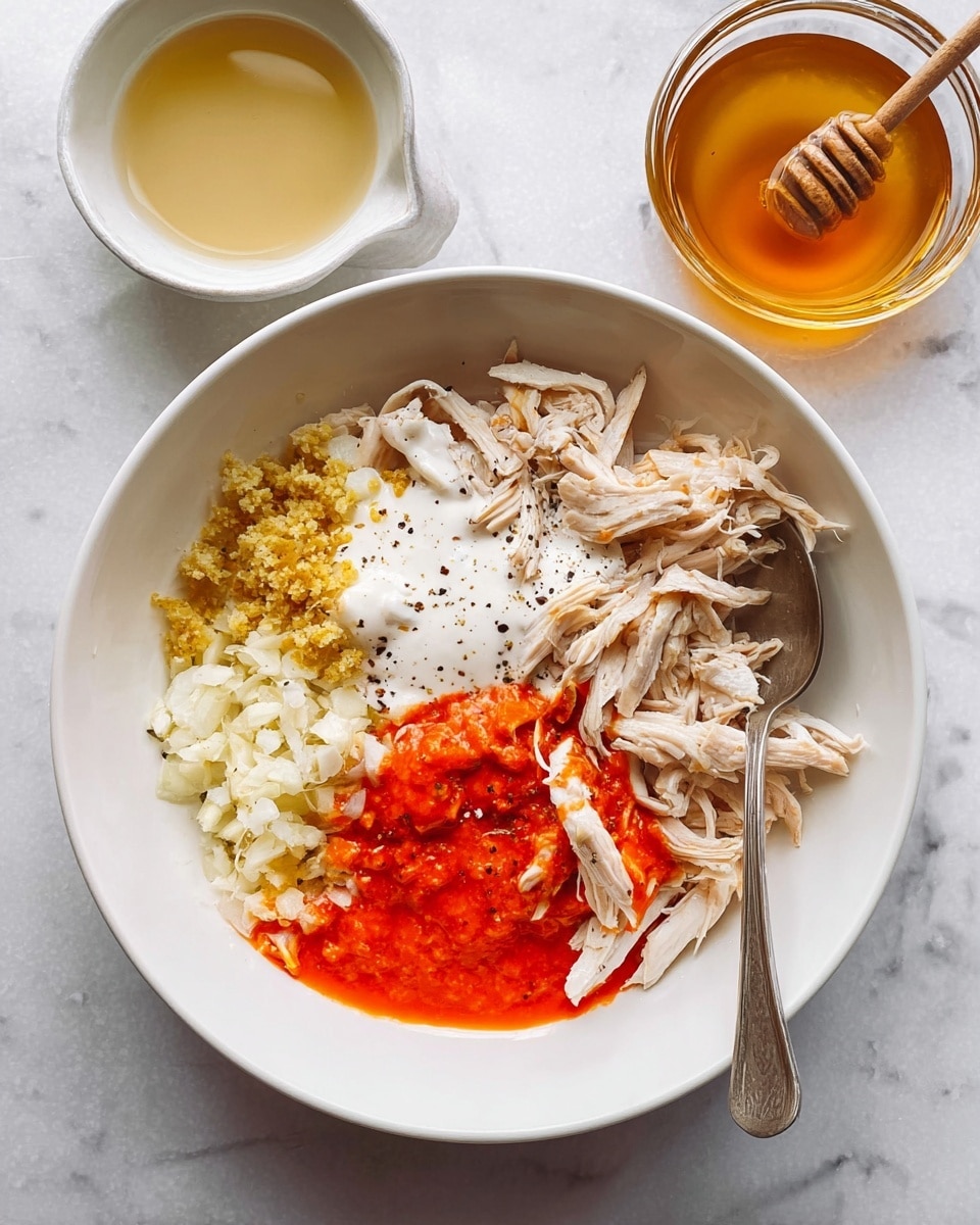 A white bowl on a white marbled surface holds several ingredients arranged in separate sections. The base layer is shredded light brown chicken. On top of this chicken, there is a pile of bright red-orange hot sauce spread in the middle right and some white creamy sauce on the upper right side. On the left side, there is a small heap of finely minced yellow garlic, and next to it is a sprinkle of black pepper on the shredded chicken. A silver spoon rests inside the bowl on the right side. Around the bowl, there are two small bowls on the white marbled surface,one with golden honey and a wooden honey dipper, and another with a white sauce. photo taken with an iphone --ar 4:5 --v 7