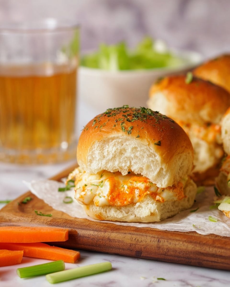A small sandwich sits on a wooden board with white paper underneath. The sandwich has three layers: a soft golden-brown top bun sprinkled with green herbs, a middle layer of melted white cheese mixed with orange sauce, and a bottom bun that is light and fluffy. Around the sandwich, there are small green onion slices and an orange carrot stick in the foreground. In the background, there is a clear glass filled with light amber liquid and a small white bowl with green lettuce next to it, all placed on a white marbled surface. photo taken with an iphone --ar 4:5 --v 7