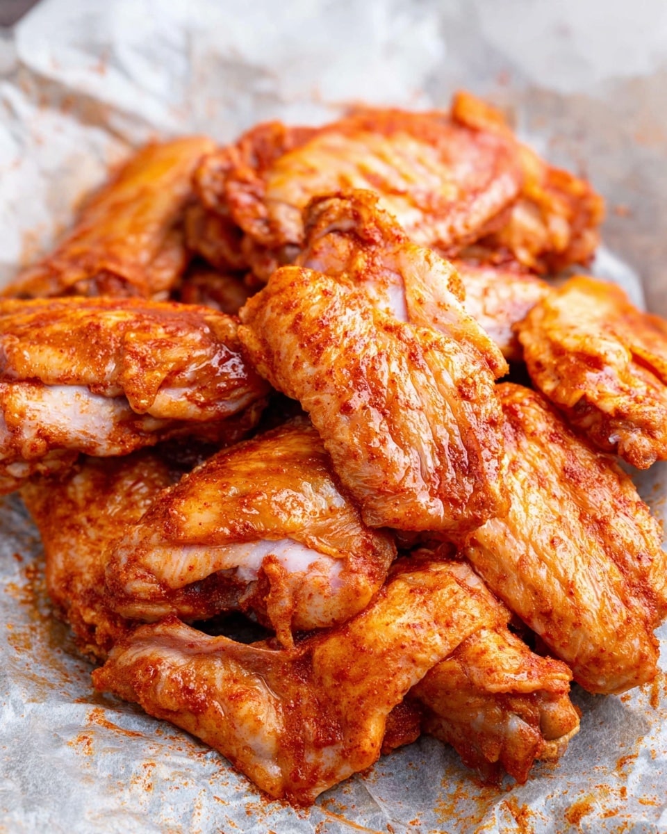 A close-up image of a pile of raw chicken wings covered with a red-orange spice rub placed on a single layer of crinkled parchment paper, showing the uneven texture and glossy surface of the wings with visible muscle fibers and fatty parts; the wings are stacked casually with some overlapping, all on a white marbled texture background photo taken with an iphone --ar 4:5 --v 7