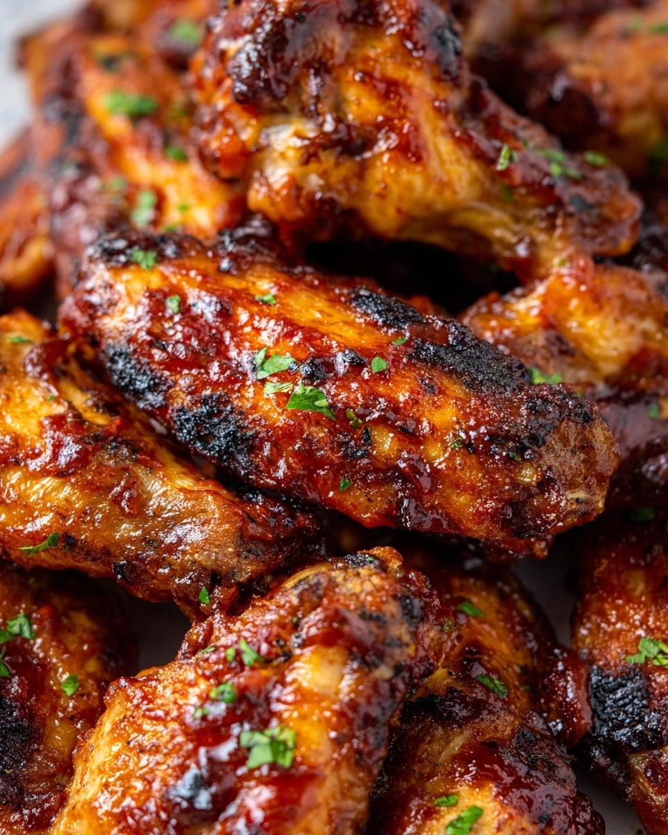 A close-up view of many grilled chicken wings covered in a shiny, sticky barbecue sauce with a caramelized texture showing charred spots and dark brown edges. The wings have a warm, reddish-brown color with small green herb pieces scattered on top for garnish. The background is a white marbled texture, highlighting the rich colors and textures of the wings. photo taken with an iphone --ar 4:5 --v 7