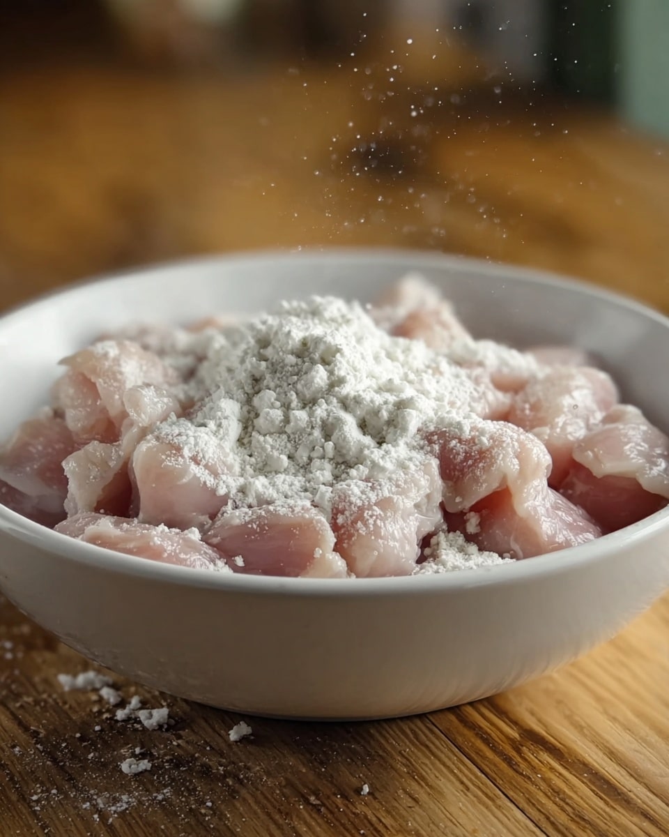 A white bowl filled with small light pink pieces of raw chicken, covered with a layer of white powdery cornstarch scattered unevenly on top. The bowl is placed on a wooden surface with a blurred background. photo taken with an iphone --ar 4:5 --v 7