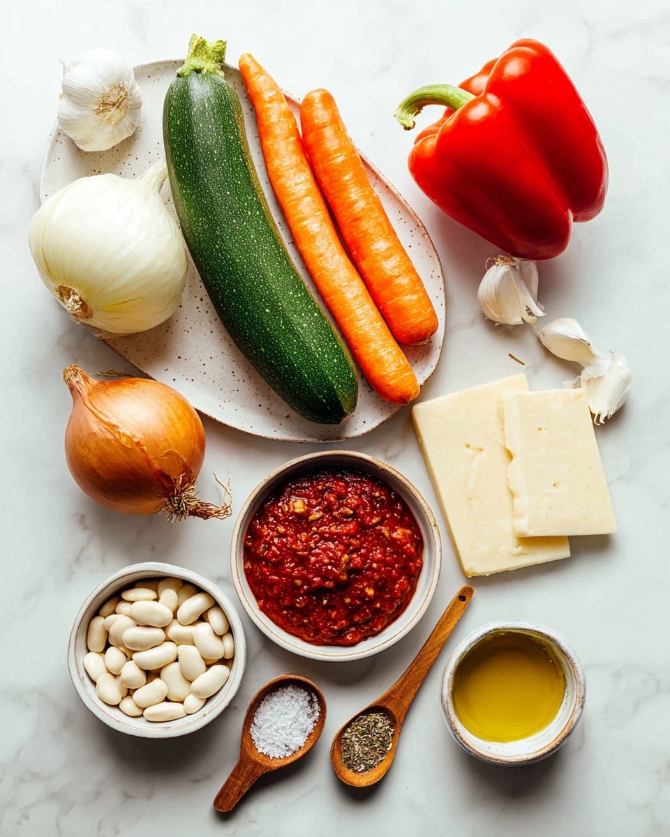 A spread of fresh ingredients arranged on a white marbled surface, featuring a white plate on the left holding a whole green zucchini, a bright orange carrot, half a white onion, a red bell pepper, and two garlic cloves. To the right of the plate, three spoons lie vertically: a small white spoon with ground black pepper, a wooden spoon with coarse salt, and another white spoon with dried herbs. Surrounding these are additional garlic cloves and three small bowls: one with white beans, another with rich red tomato paste, and a third with two thick slices of pale yellow cheese, as well as a small bowl of golden olive oil. photo taken with an iphone --ar 4:5 --v 7