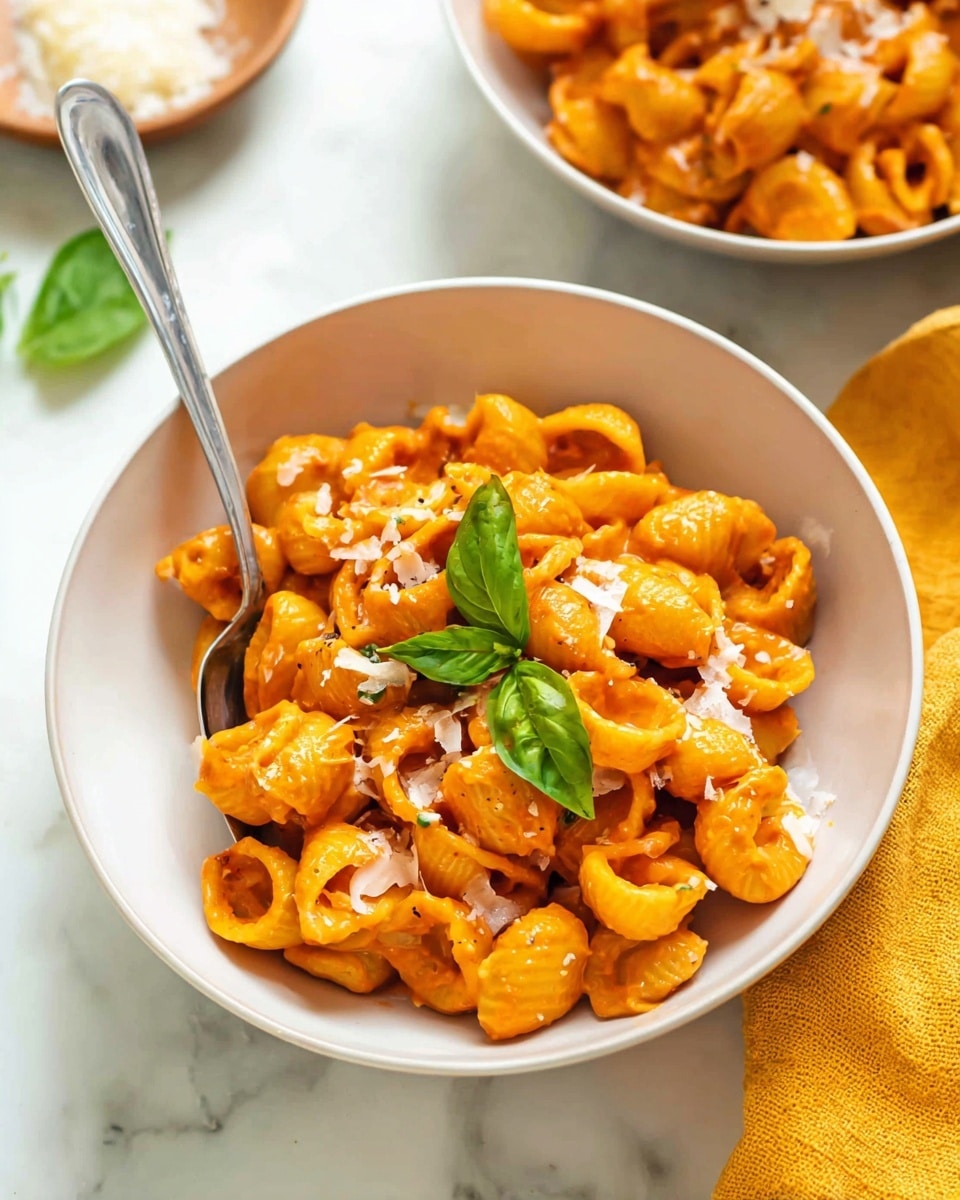 A white bowl filled with three layers of elbow pasta covered in smooth, orange-colored sauce. The pasta has a soft and slightly shiny texture. On top, there are small grated white cheese pieces scattered, adding a fine, flaky layer. Two fresh green basil leaves rest in the center, giving a fresh contrast to the warm pasta. A metal spoon with a shiny silver finish is placed inside the bowl, partly resting on the pasta with the spoon's handle extending out. The bowl is set on a white marbled surface with a glimpse of another similar bowl in the upper right and a folded yellow cloth in the lower left. photo taken with an iphone --ar 4:5 --v 7