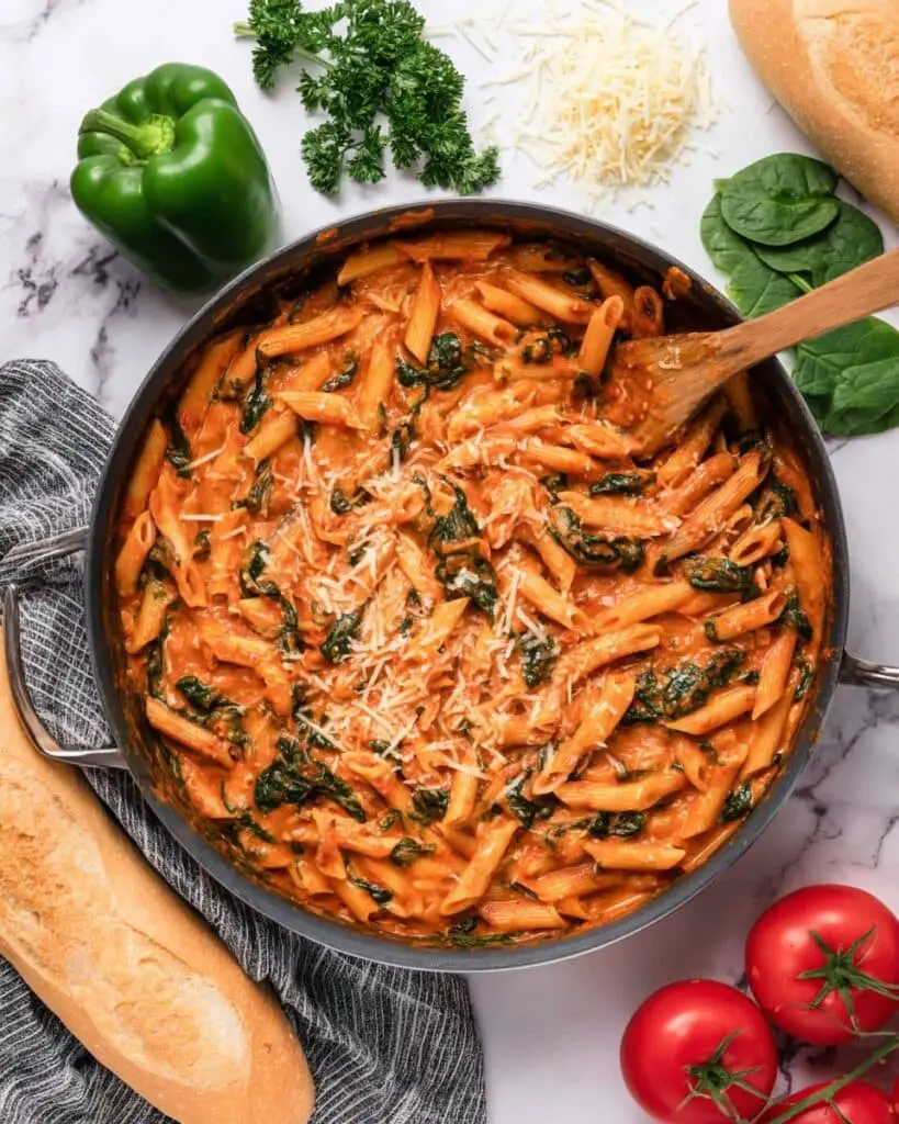 Creamy Penne Rosa Pasta with Spinach and Tomato Sauce Recipe