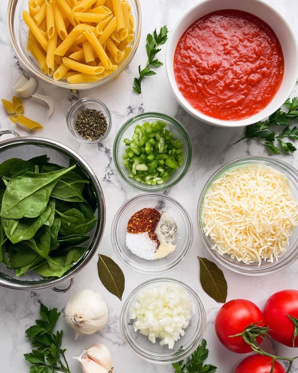 The image shows multiple small, clear glass bowls filled with different ingredients on a white marbled surface. There is a white bowl filled with bright red tomato sauce on the upper right, a bowl of shredded white cheese below it, and a bowl with yellow penne pasta at the bottom left. To the left is a metal colander full of fresh green spinach leaves. In between, there are small glass bowls filled with chopped green bell peppers, diced white onions, minced garlic, and a mixture of salt, pepper, red pepper flakes, and a bay leaf. Around the ingredients, there are loose parsley leaves, two whole red tomatoes with green stems, two dry bay leaves, and a peeled garlic bulb. Photo taken with an iphone --ar 4:5 --v 7