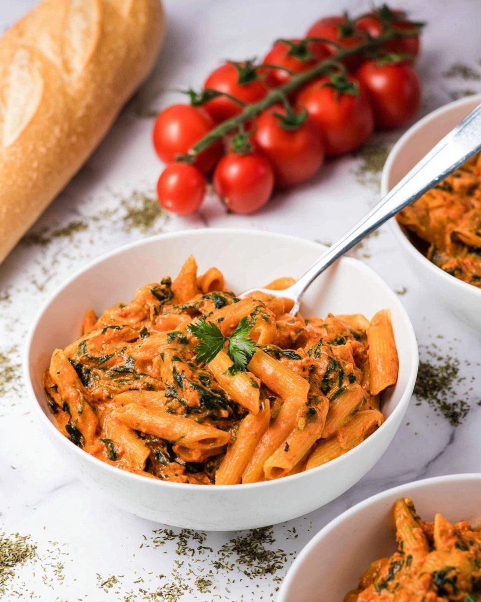 A white bowl filled with creamy orange-red pasta made of penne with visible green spinach leaves mixed throughout; the pasta is covered in a thick sauce and topped with small pieces of fresh green herbs. A silver spoon stands on the right side inside the bowl. In the background, there is a long loaf of bread with a tan crust and a bunch of red tomatoes attached to green stems, placed on a white marbled surface scattered with small bits of dried green herbs. Another white bowl with the same pasta dish is partially visible behind the main bowl. photo taken with an iphone --ar 4:5 --v 7