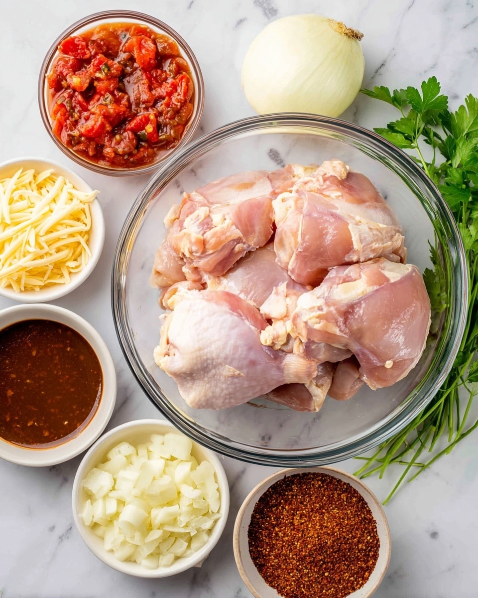 A clear glass bowl filled with several pieces of raw pink chicken thighs sits near the center on a white marbled surface. Around it are small white bowls holding thin, pale yellow shredded cheese, pale yellow sliced onions, a chunky red sauce with pieces of tomato, a dark brown thick sauce, and a bowl of reddish-brown spice flakes. Fresh green parsley leaves are placed near the top right corner. The arrangement has a clean and fresh look with natural colors photo taken with an iphone --ar 4:5 --v 7