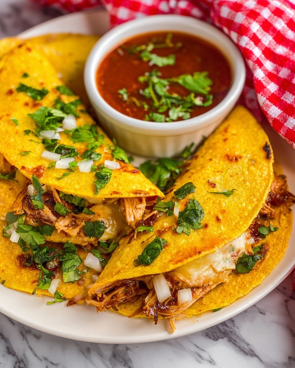 The image shows two folded yellow corn tortillas on a white plate, each filled with seasoned shredded meat mixed with melted cheese, chopped white onions, and fresh green cilantro leaves sprinkled on top. The tortillas have a slightly toasted texture with brown spots and some green herb pieces on the surface. Next to the tortillas is a small white bowl filled with a reddish-brown sauce garnished with green cilantro. The plate sits on a white marbled surface with a red and white checkered cloth partially visible to the right. photo taken with an iphone --ar 4:5 --v 7