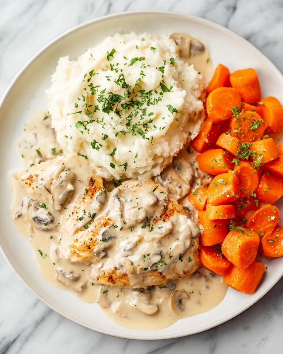 A white plate holds a serving of three main layers of food arranged side by side on a white marbled surface. On the left, there is a mound of fluffy mashed potatoes topped with a thick, creamy sauce speckled with small pieces of mushrooms and herbs. In the middle, two pieces of golden-brown cooked chicken are covered with a light, creamy sauce sprinkled with chopped green herbs. On the right side of the plate, bright orange carrot chunks are neatly piled, showing a smooth texture and garnished lightly with herbs. The overall look is warm, comforting, and well-portioned. photo taken with an iphone --ar 4:5 --v 7