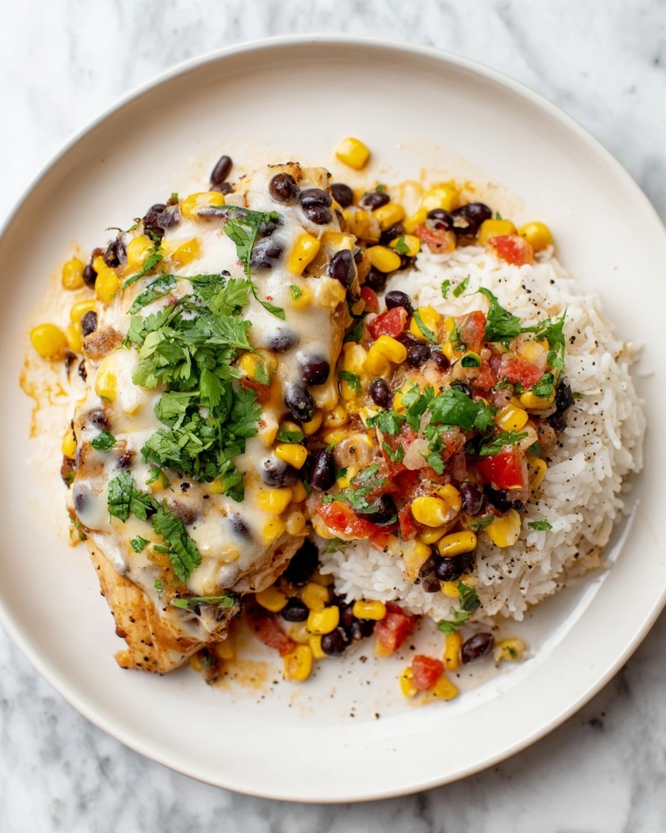 The dish shows a white plate holding two main parts: on the left, a piece of cooked chicken topped with melted, creamy white cheese layered with yellow corn and black beans, sprinkled with green cilantro leaves, and finely speckled with black pepper; on the right, a mound of white rice covered with a mix of yellow corn, black beans, diced red tomatoes, onions, and more green cilantro, giving a vibrant and fresh contrast; the plate sits on a white marbled surface. photo taken with an iphone --ar 4:5 --v 7