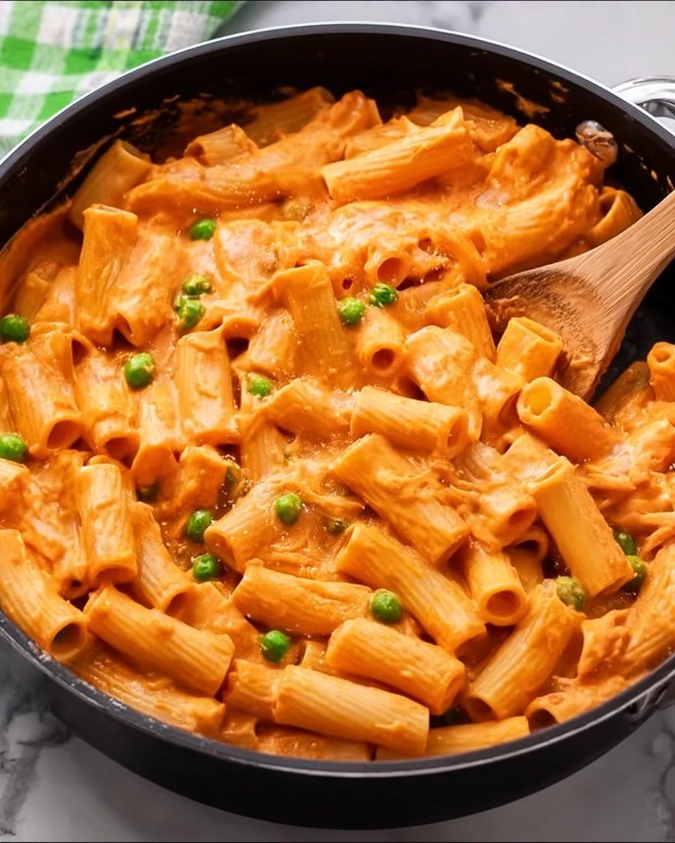 The image shows a black skillet filled with creamy pasta rigatoni coated in a smooth orange sauce. There are small green peas scattered evenly through the pasta, adding a touch of color. A wooden spoon is stirring the pasta on the right side of the skillet, with some rigatoni resting on the spoon. The skillet rests on a white marbled surface, and part of a green and white checkered cloth is visible in the top left corner. The pasta looks soft and perfectly cooked with a shiny texture from the sauce. photo taken with an iphone --ar 4:5 --v 7