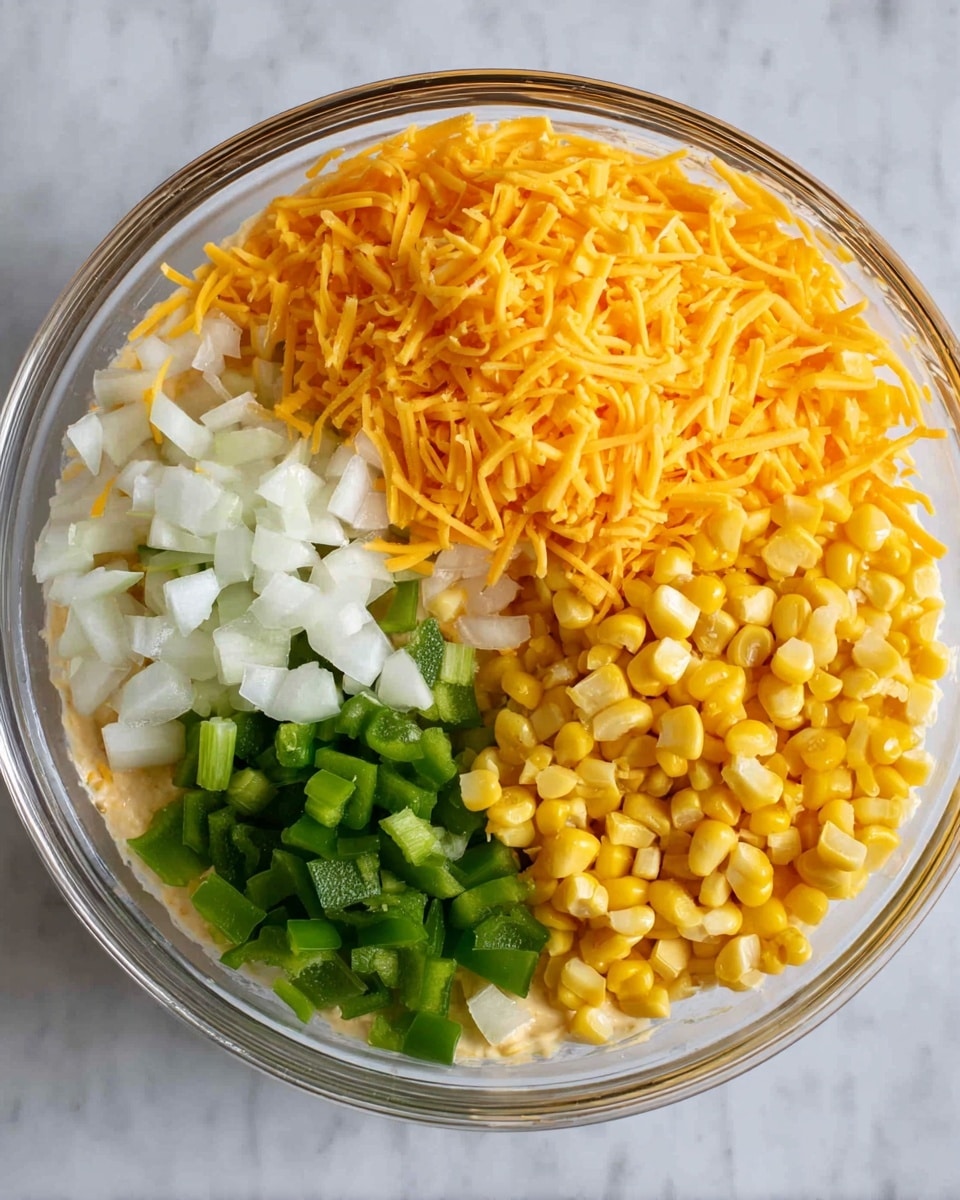 A clear glass bowl on a white marbled surface contains four separate layers of ingredients. There is a large amount of shredded orange cheddar cheese covering almost half of the bowl, bright yellow corn kernels filling the right upper section, chopped white onions in the top left section, and small pieces of green bell pepper in the lower left part. The ingredients sit on a pale creamy base, visible between the colorful layers, and the bowl is viewed from above. Photo taken with an iphone --ar 4:5 --v 7