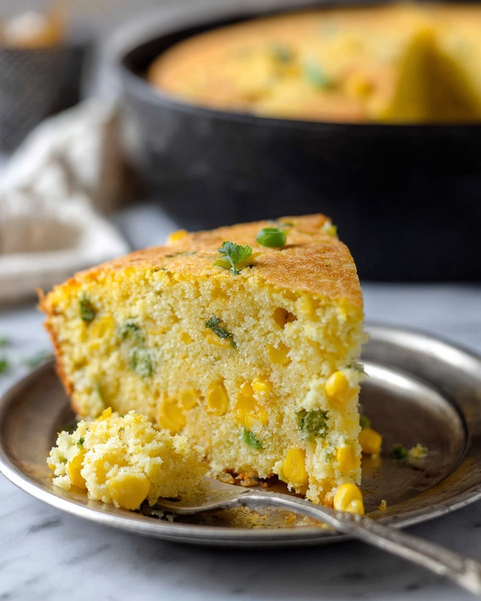 The image shows a thick slice of cornbread placed on a round silver plate over a white marbled surface. The cornbread has one visible layer, which is yellow with a crumbly texture and is speckled with whole corn kernels and bits of green herbs distributed throughout. The top is slightly golden and has a few small green herb pieces, giving it a fresh look. Next to the slice is a fork with a small portion of the cornbread on it. In the background, a black dish filled with more cornbread is blurred but visible. Photo taken with an iphone --ar 4:5 --v 7