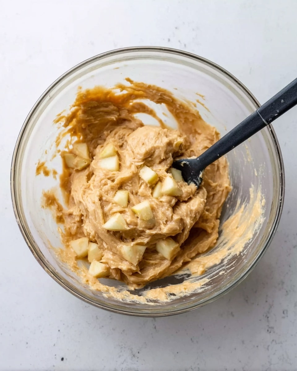 A clear glass bowl sits on a white marbled surface, filled with thick, light brown batter mixed with small pieces of pale yellow apple chunks spread throughout. A black spoon is partially inside the batter, leaning against the side of the bowl, showing some batter stuck on it. The texture looks thick and creamy with soft chunks visible. photo taken with an iphone --ar 4:5 --v 7