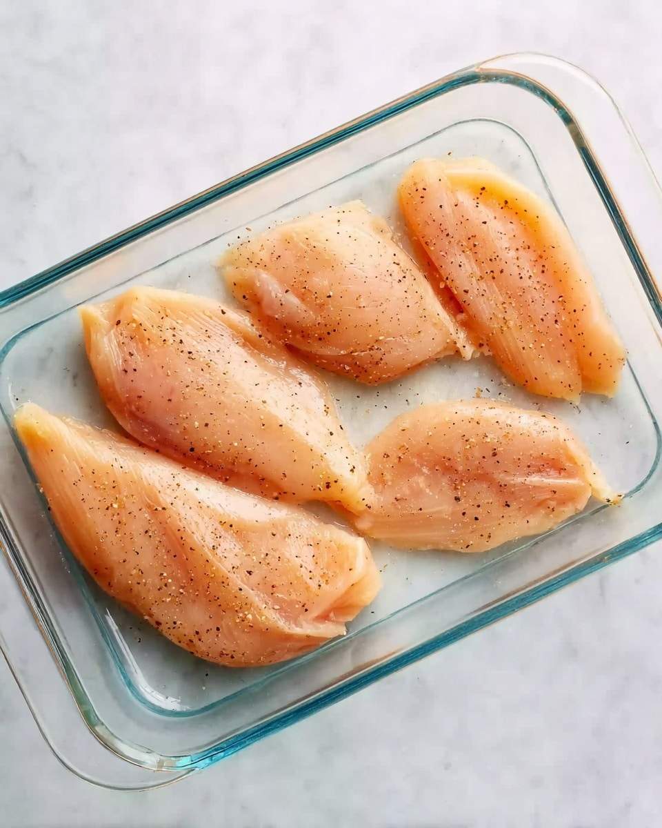 The image shows four thin, pale orange raw chicken pieces with small black pepper spots placed inside a clear rectangular glass baking dish. The dish sits on a white marbled surface. The chicken pieces are spread out evenly with enough space between them. Photo taken with an iphone --ar 4:5 --v 7