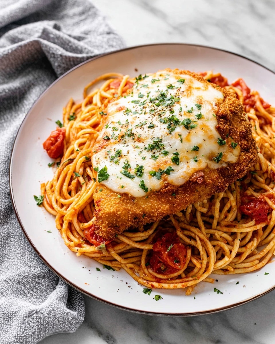 A white plate with a thin dark rim holds a bed of orange-red spaghetti, lightly sauced with visible tomato chunks. On top of the spaghetti rests a large, golden-brown breaded chicken cutlet with a crispy texture. The chicken is covered by a layer of melted white cheese, sprinkled with small green herbs and black pepper. The plate sits on a white marbled surface with a soft gray and white cloth nearby in the corner. Photo taken with an iphone --ar 4:5 --v 7