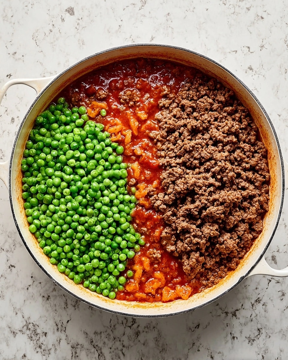 A white round pot filled with three main layers: the bottom layer is a rich red sauce with a slightly chunky texture, covering the entire base; on the right side, there is a large pile of cooked brown ground meat with a crumbly texture, and on the left side, a smaller section of bright green peas, fresh and round. The pot is placed on a white marbled surface. photo taken with an iphone --ar 4:5 --v 7