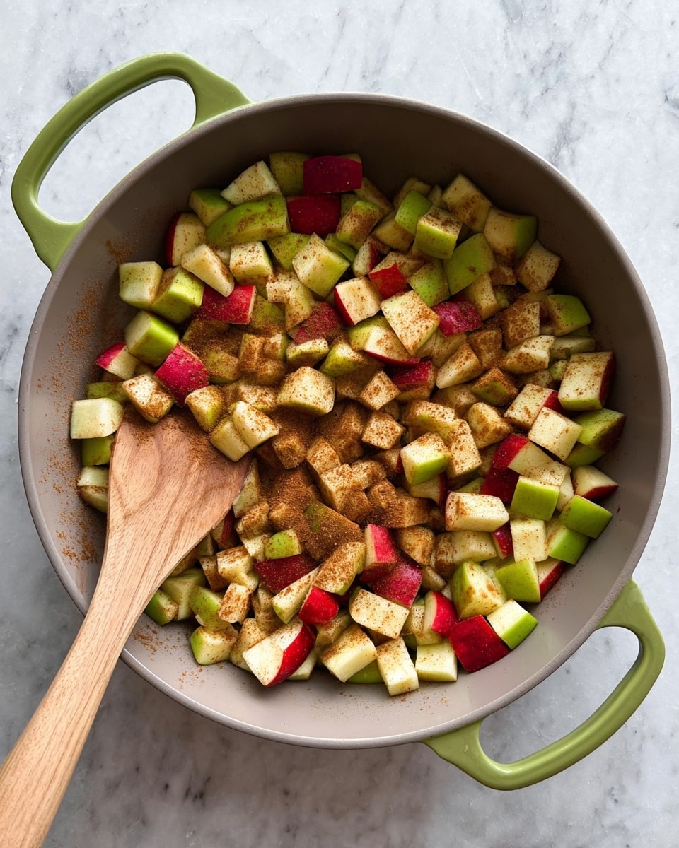 A top view of a shallow grey pan with two green handles filled with small chopped apple pieces in red and green skin. The apples are lightly coated with brown cinnamon powder unevenly spread on the fruit. A wooden spoon is partly buried in the apple mix on the left side of the pan. The pan rests on a white marbled surface. photo taken with an iphone --ar 4:5 --v 7
