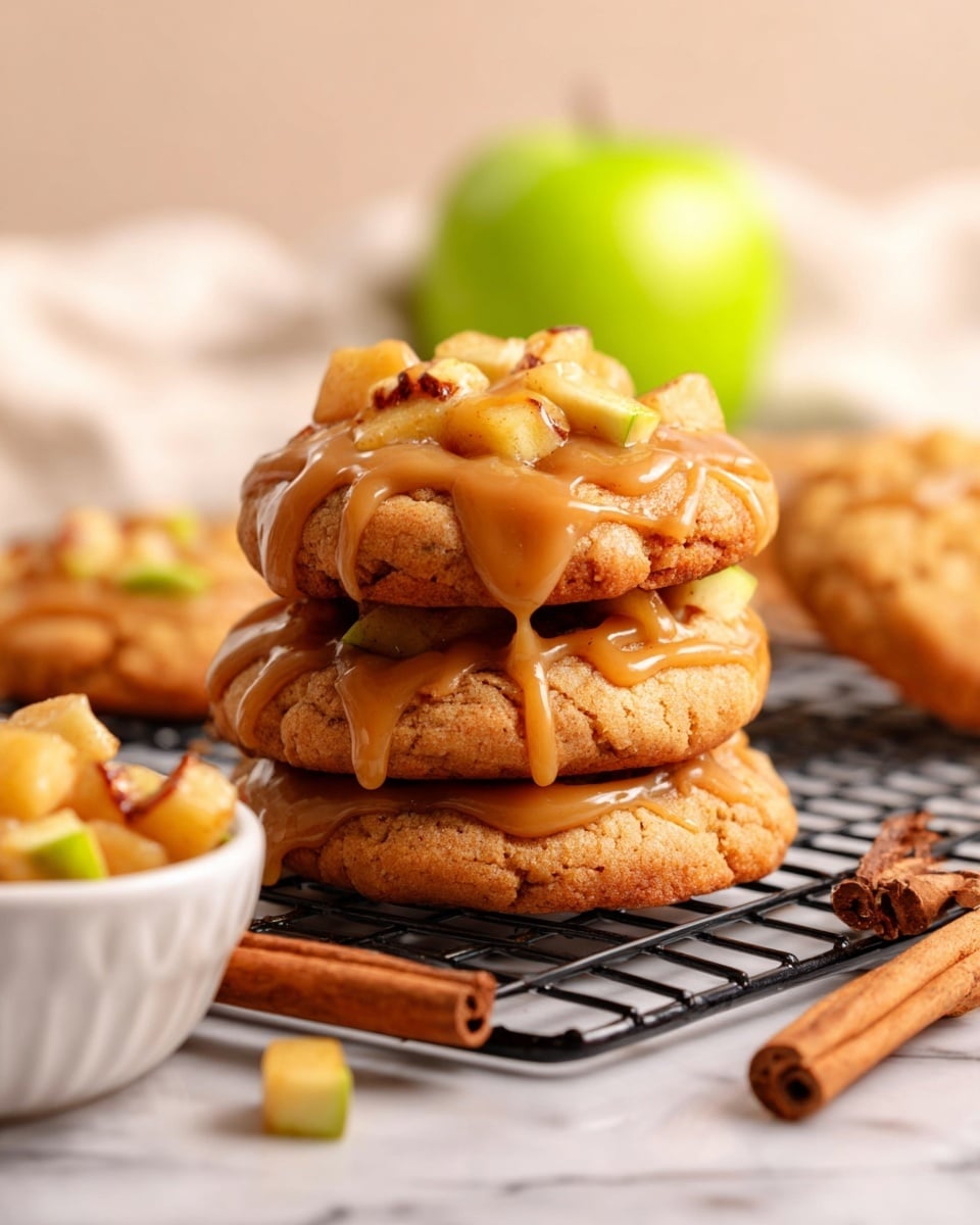 A stack of three thick, golden brown cookies sits on a black wire cooling rack over a white marbled surface, each cookie drizzled with smooth caramel sauce that runs slowly down the sides. The top cookie is topped with small pieces of diced apple mixed with nuts, adding a mix of soft and crunchy textures. Nearby, there is a small white bowl filled with more diced apple pieces covered in caramel, and two cinnamon sticks rest next to the rack on a white cloth. In the background, a bright green apple blurs softly, enhancing the warm autumn feel. Photo taken with an iphone --ar 4:5 --v 7