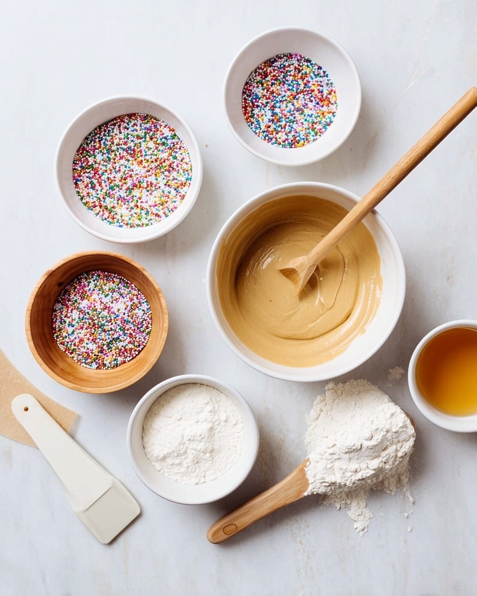 Several white bowls and two small wooden bowls are arranged on a white marbled surface. One white bowl holds a smooth beige batter with a wooden spoon resting inside. Two white bowls contain colorful rainbow sprinkles. Another white bowl has white flour, while a smaller white bowl holds a golden liquid. A white spatula with a wooden handle lies beside the bowls. Photo taken with an iphone --ar 4:5 --v 7