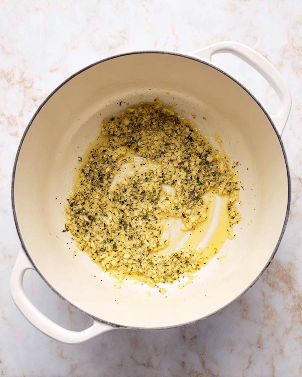 Inside a white cooking pot with two side handles, there is a single layer of finely chopped or minced garlic mixed with herbs, showing a pale yellow color with small green and black specks from spices and herbs. The garlic-herb mixture is spread thinly at the bottom of the pot in an uneven swirl pattern, with some oil giving it a slightly shiny texture. The pot sits on a surface with a white marbled texture. photo taken with an iphone --ar 4:5 --v 7