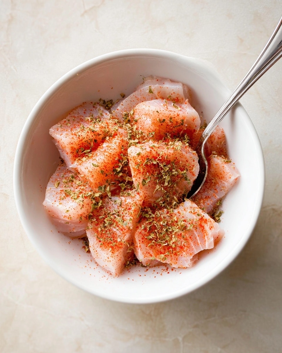 A white bowl filled with several pieces of raw, light pink fish slices, evenly sprinkled with a reddish-orange powder and small green dried herb flakes scattered on top. A shiny silver spoon rests inside the bowl, partially submerged in the fish pieces. The bowl sits on a white marbled surface, creating a clean and simple background photo taken with an iphone --ar 4:5 --v 7