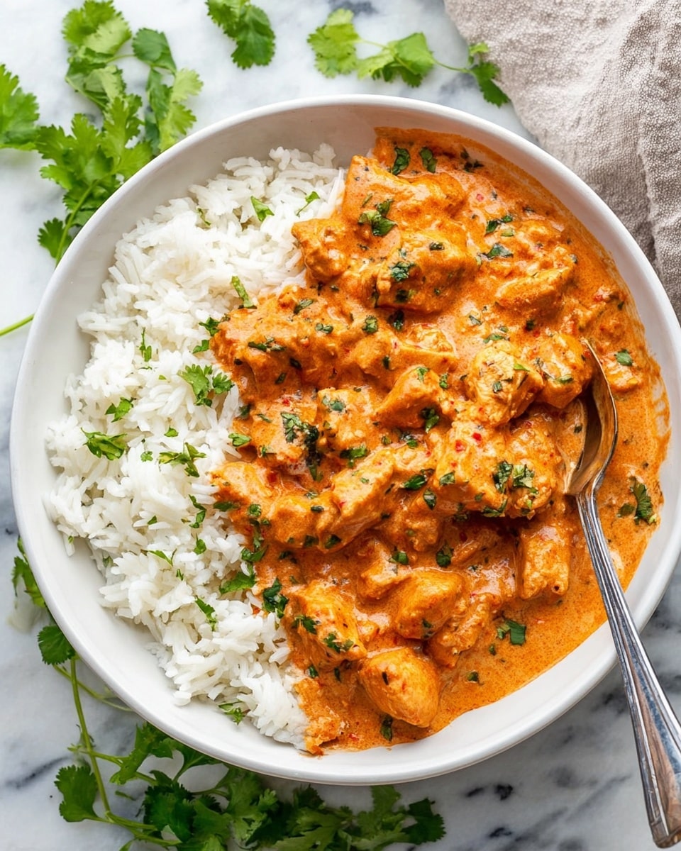 A white bowl sits on a white marbled surface, filled halfway with bright white steamed rice on one side and topped with thick orange creamy sauce covering tender chunks of light brown chicken on the other side. The sauce has a smooth texture with some small herbs mixed in and is sprinkled with fresh green cilantro leaves. A silver spoon rests inside the bowl on the edge of the rice, and fresh cilantro leaves are scattered around the bowl. Photo taken with an iphone --ar 4:5 --v 7