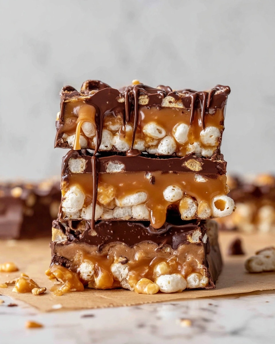 The image shows a close-up of a stack of three crunchy caramel and chocolate bars, each with visible layers. The bottom layer is dark chocolate, smooth and thick. Above it, a thick caramel layer filled with puffed white cereal pieces is visible, giving a light texture inside the rich caramel. The top layer is a thin coating of melted dark chocolate, drizzled unevenly, and some caramel is dripping down the sides, emphasizing its soft texture. The bars rest on a light brown parchment paper on a white marbled surface, with bits of caramel and cereal scattered around. Photo taken with an iphone --ar 4:5 --v 7