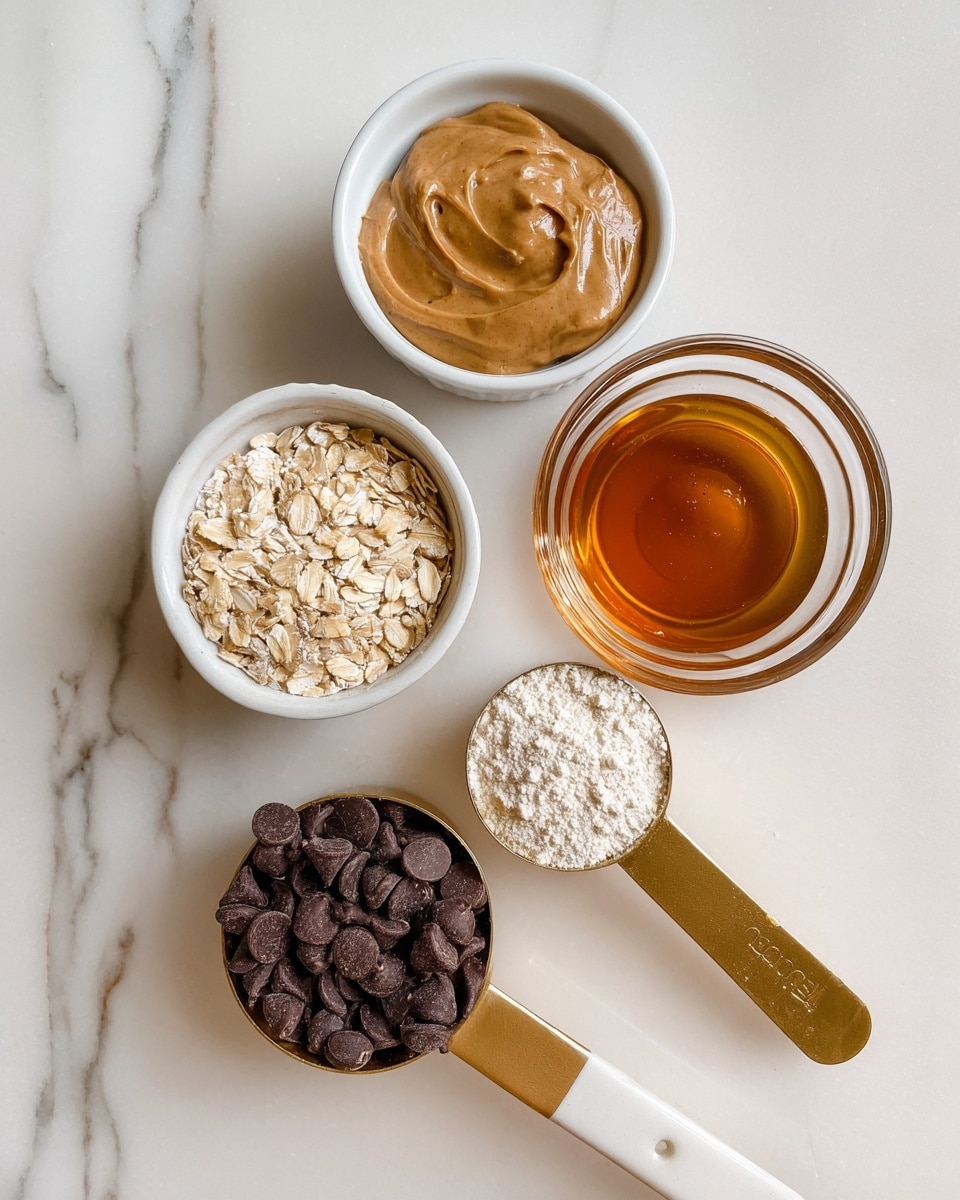 The image shows five containers with different ingredients arranged on a white marbled surface. On the top left, there is a white ramekin filled with smooth, light brown peanut butter. To the right, a small clear glass bowl holds amber-colored honey with a shiny texture. Below the peanut butter, another white ramekin contains light beige rolled oats with a dry and flaky texture. Next to the oats, a gold-colored measuring cup with a white handle is filled with dark brown chocolate chips that have a smooth, shiny surface. At the bottom right, a smaller gold-colored measuring cup with a white handle holds off-white powder, likely protein powder, with a soft, fine texture. The setup is clean and well-organized, shot from above, photo taken with an iphone --ar 4:5 --v 7