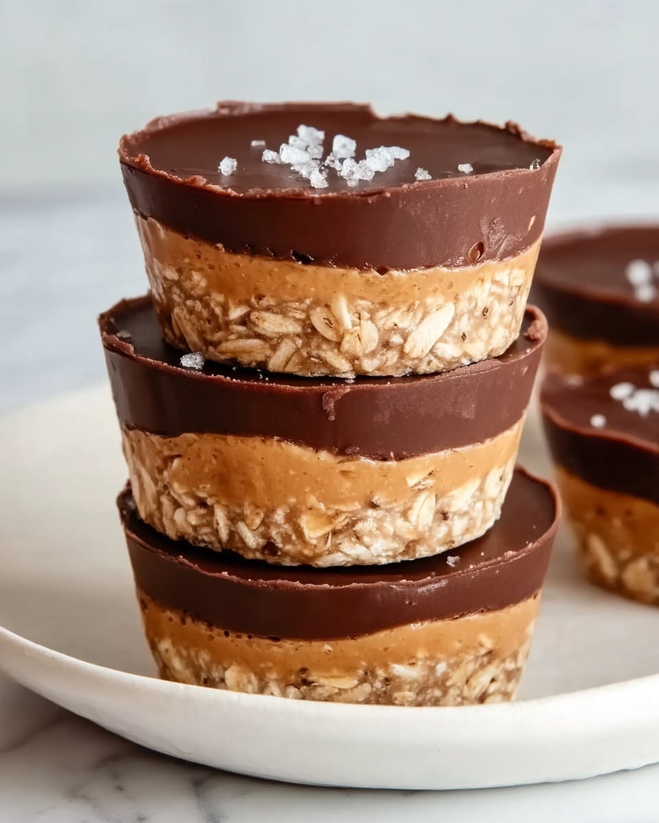 Three stacked round treats each with three clear layers: the bottom layer is a light brown mix with visible oatmeal and peanut bits in a rough, chunky texture; the middle layer is creamy and light tan, smooth and thick, making up about one-third of the height; the top layer is a dark, shiny chocolate layer, smooth and flat with a few grains of salt sprinkled on the top one, all sitting on a white plate with a white marbled surface in the background photo taken with an iphone --ar 4:5 --v 7