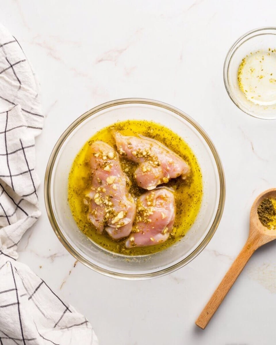 A clear glass bowl sits on a white marbled surface, containing three raw pink chicken pieces covered in a yellowish-green marinade with visible small pieces of herbs and garlic. To the right of the bowl, there is a small empty clear glass bowl and a wooden spoon with some marinade on it. On the left side, a woman's hand holds a white cloth with a black grid pattern. photo taken with an iphone --ar 4:5 --v 7