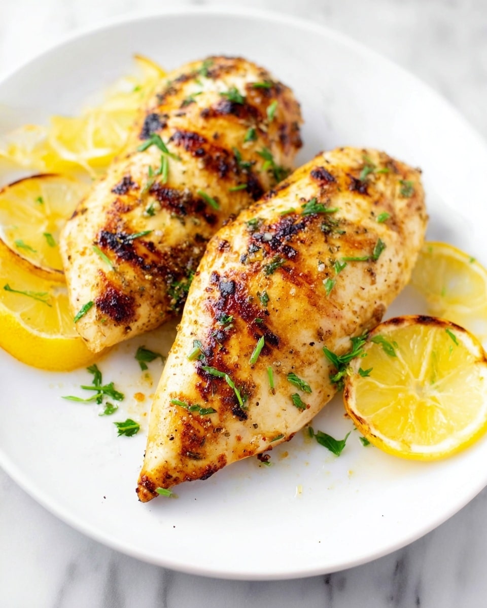 Two grilled golden brown chicken fillets with light char marks lay on a white plate, sprinkled with small green herb pieces. Around the fillets are bright yellow lemon wedges, some slightly charred on the edges. The plate is set on a white marbled surface, creating a clean and fresh look. photo taken with an iphone --ar 4:5 --v 7
