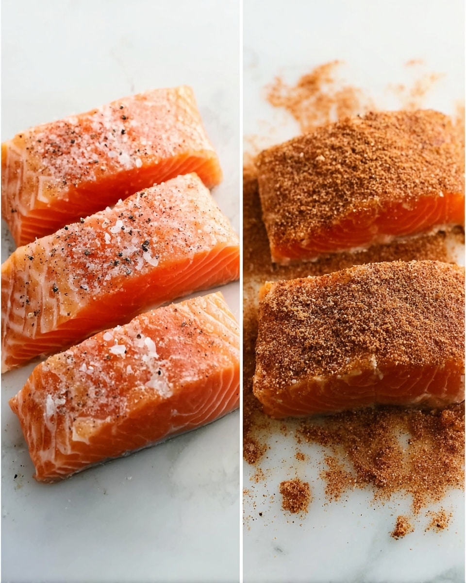 The image shows two side-by-side photos of three salmon pieces on a white marbled surface. On the left side, the three salmon pieces have a fresh pink-orange color with visible white lines of fat, and they are lightly sprinkled with black pepper and salt. The salmon pieces have a smooth and moist texture. On the right side, the same three salmon pieces are covered with a thick layer of brown spice rub, evenly coating the top and sides, while some spice falls around the salmon on the white marbled surface. The spice layer has a coarse and textured appearance. photo taken with an iphone --ar 4:5 --v 7