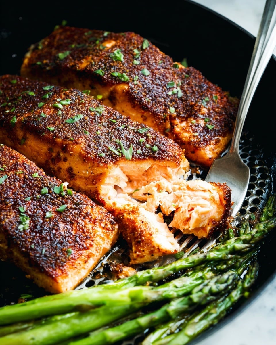 The image shows three thick, well-seasoned salmon fillets with a dark brown crispy crust sprinkled with small green herbs on top. One fillet is partially broken into chunks by a silver fork, revealing the soft, light pink inside. To the side, there are several green, cooked asparagus spears. The food is served in a black pan with small holes visible beneath the fillets, all placed on a white marbled surface. Photo taken with an iphone --ar 4:5 --v 7