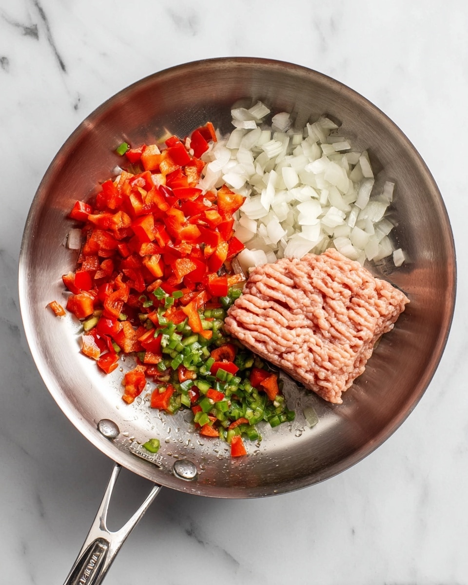 A shiny metal pan sits on a white marbled surface, holding three main layers of ingredients. On the right side, there is a light pink block of raw ground meat with a smooth, ribbed texture. Above the meat, chopped white onions are scattered, showing small square pieces with a slightly translucent look. At the bottom left, bright red diced bell peppers mixed with small pieces of green chili peppers add a colorful touch, with a bit of liquid shining beneath them. The pan's handle extends towards the bottom, and soft light reflects off the metal inner surface, giving a clean and fresh appearance. Photo taken with an iphone --ar 4:5 --v 7