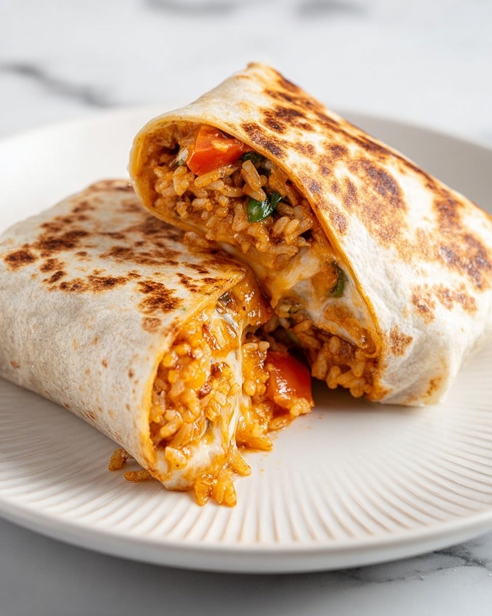 The image shows a close-up of a burrito cut in half and placed on a white plate with a ridged edge, set on a white marbled surface. The burrito outer layer is a light brown toasted tortilla with darker brown spots, giving a slightly crispy texture. Inside, there are visible layers of orange-brown rice mixed with small chunks of red tomato and green herbs. There is melted cheese stretching between the two halves, adding a shiny, gooey texture. The two burrito halves are positioned side by side, with one half slightly tilted to show the filling more clearly. photo taken with an iphone --ar 4:5 --v 7