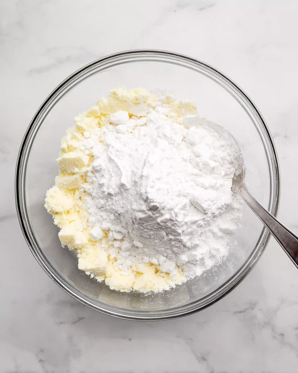 A clear glass bowl sits on a white marbled surface, filled with two visible layers of ingredients. The bottom layer is a pale yellow, crumbly and soft texture, while the top layer is a bright white powder piled high in the center. A metal spoon is partially submerged on the right side of the bowl, with its handle resting on the edge. photo taken with an iphone --ar 4:5 --v 7