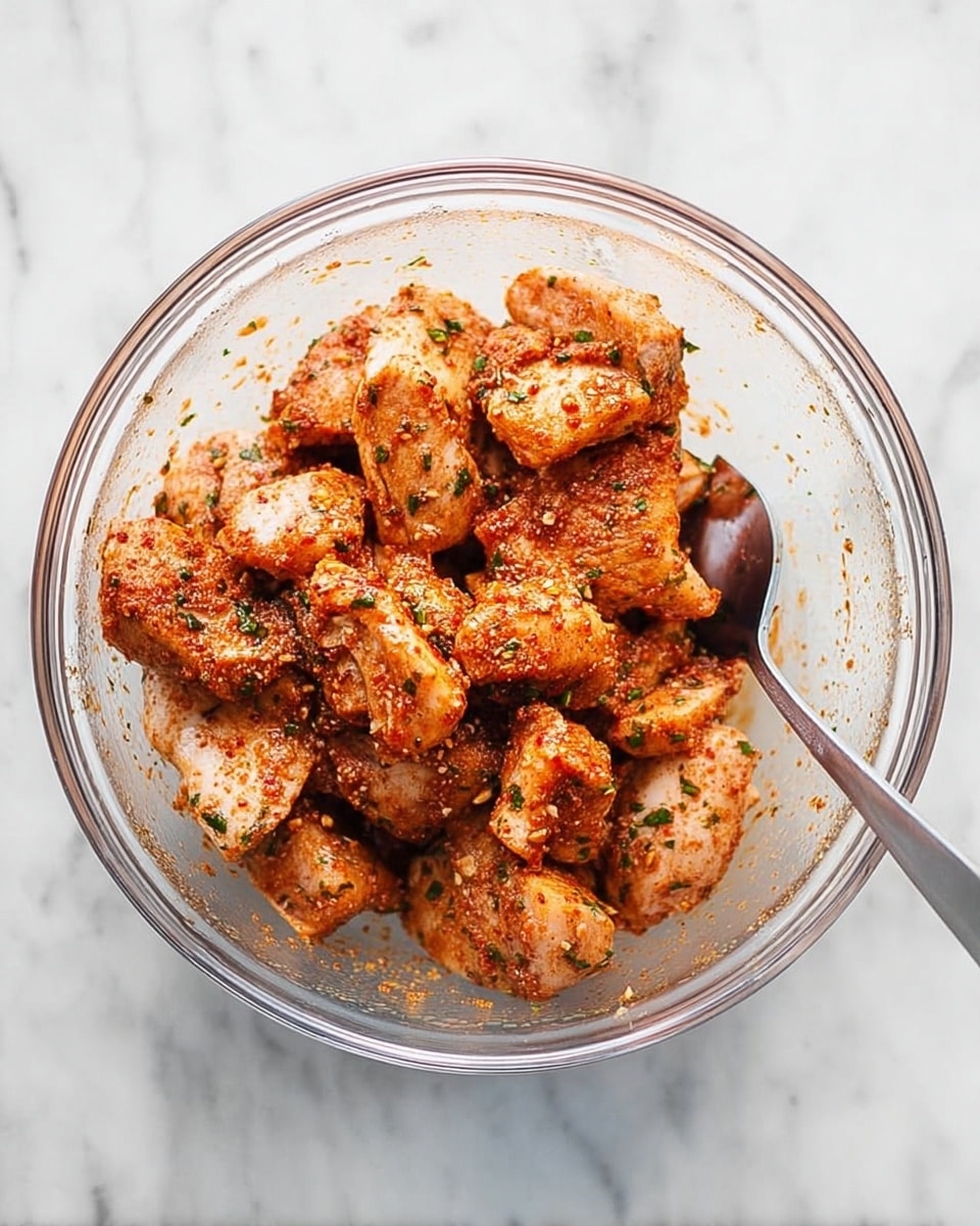 A clear glass bowl sits on a white marbled surface, filled with small pieces of raw chicken coated in a reddish-brown spice mix sprinkled with green herbs. A silver spoon rests inside the bowl on the right side, partially buried in the chicken pieces, reflecting light softly. The chicken pieces vary in size and have a textured look from the spices. The overall color contrast is warm from the spices against the pale chicken and clear bowl. photo taken with an iphone --ar 4:5 --v 7