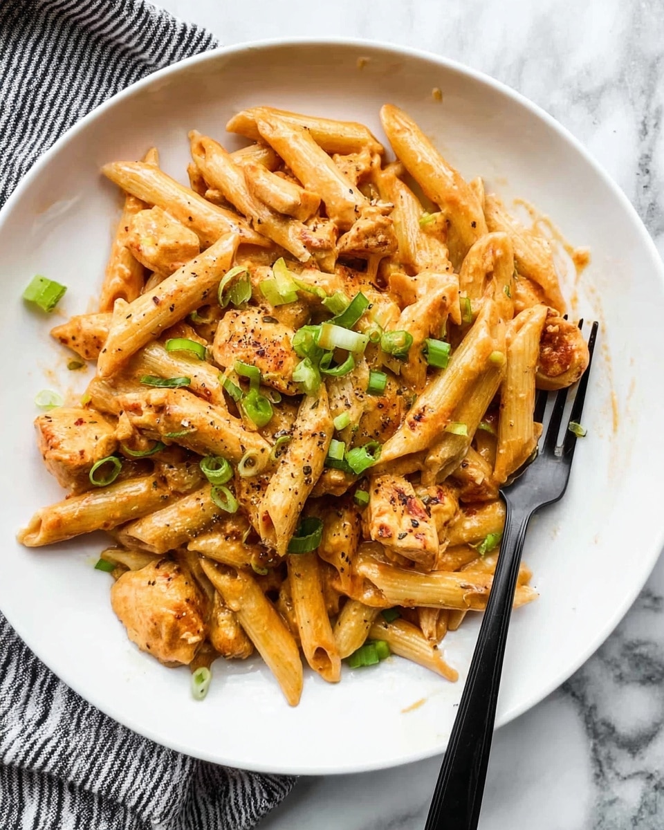 A white round plate holds a pasta dish with one main layer of light brown penne pasta mixed with pieces of cooked chicken in a creamy, orange-tinted sauce. The sauce lightly coats the pasta and chicken chunks, with visible black pepper and herbs sprinkled throughout. Fresh chopped green onions are scattered over the top, adding spots of bright green color. A black fork rests on the right side of the plate, partially submerged in the pasta. The background is a white marbled surface with a black and white striped cloth partially visible on the left side. Photo taken with an iphone --ar 4:5 --v 7