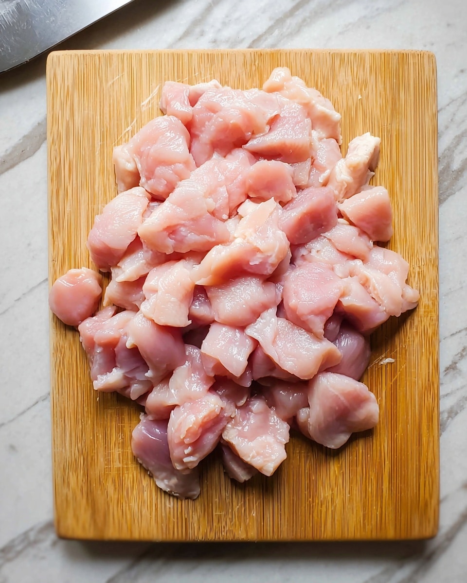 A pile of raw, light pink chicken pieces is placed on a wooden cutting board with a smooth texture. The chicken chunks are uneven in shape but roughly bite-sized. The cutting board is set on a white marbled surface with subtle gray veining, and a silver knife lies just out of full view in the top left corner. The overall look is clean and ready for cooking preparation photo taken with an iphone --ar 4:5 --v 7