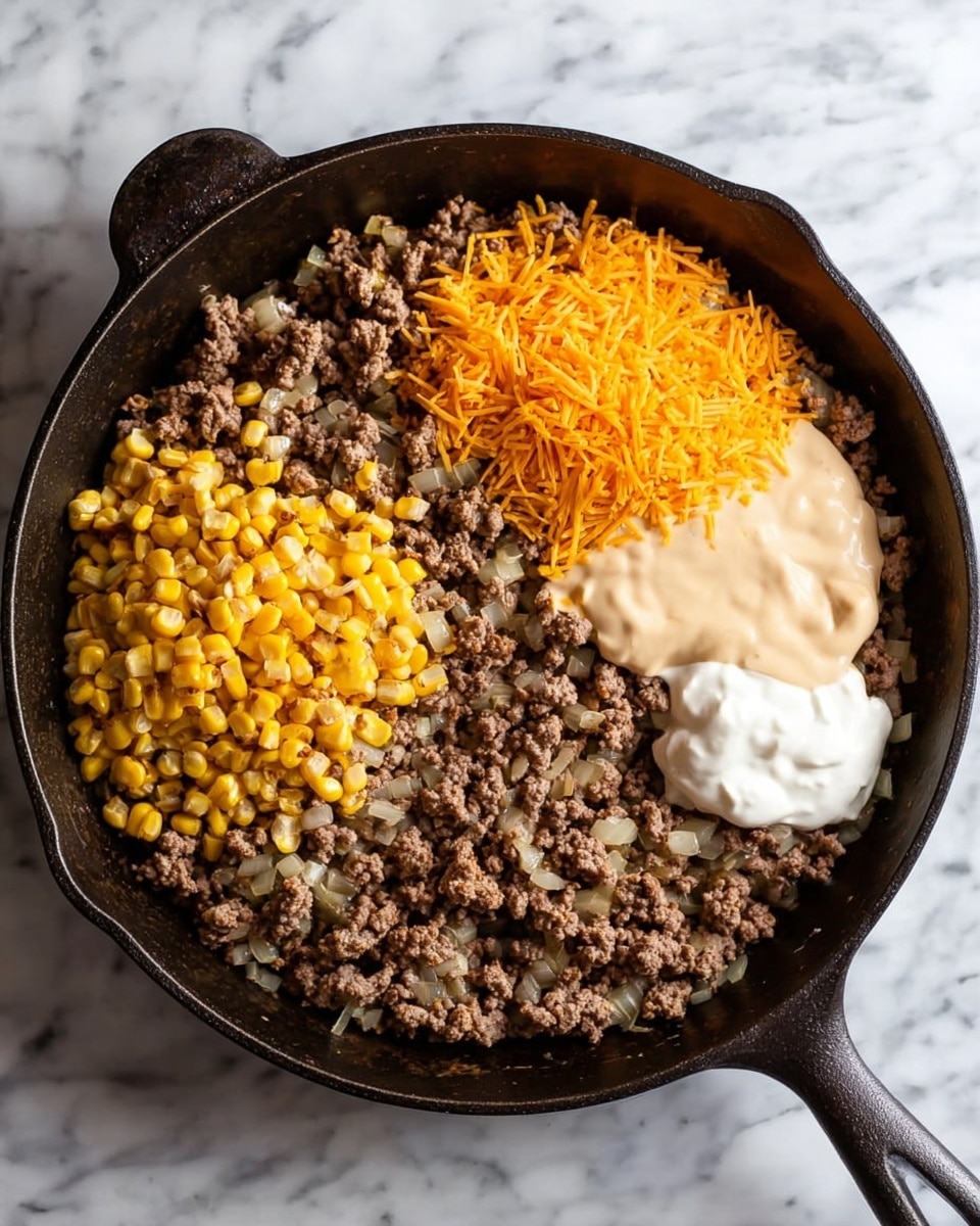 A black cast iron pan sits on a white marbled surface with cooked ground beef that is brown and crumbly as the base layer, mixed with small bits of translucent sautéed onions scattered throughout the meat. In the next image, the pan contains the same cooked ground beef with four distinct piles layered on top: bright yellow cooked corn kernels on the bottom left, a heap of finely shredded orange cheddar cheese above the corn, a creamy light tan sauce on the top right, and a dollop of smooth white sour cream at the bottom right, all sitting on top of the meat in separate sections. Photo taken with an iphone --ar 4:5 --v 7