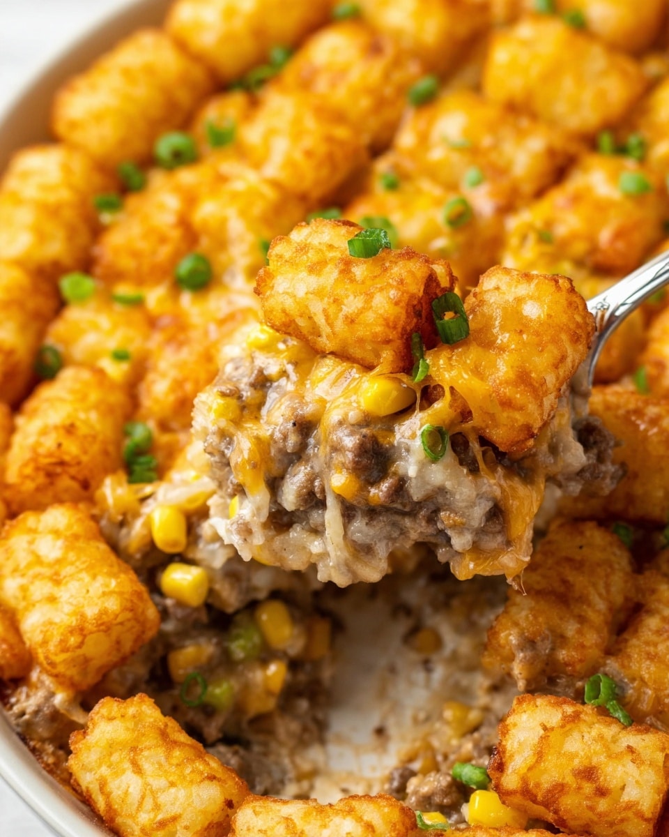 The dish is a close-up view of a layered tater tot casserole in a white bowl on a white marbled surface. The bottom layer is a creamy mixture with ground meat, corn, and small bits of onion, showing a soft texture and a light brown color. On top, there is a thick layer of golden-brown, crispy tater tots arranged closely, some sprinkled with chopped green onions. A spoon lifts a portion showing the soft creamy filling with yellow corn pieces and tender browned meat beneath the crispy, golden tots. The textures contrast between the crunchy top layer and creamy bottom, with green onion pieces adding pops of color. Photo taken with an iphone --ar 4:5 --v 7