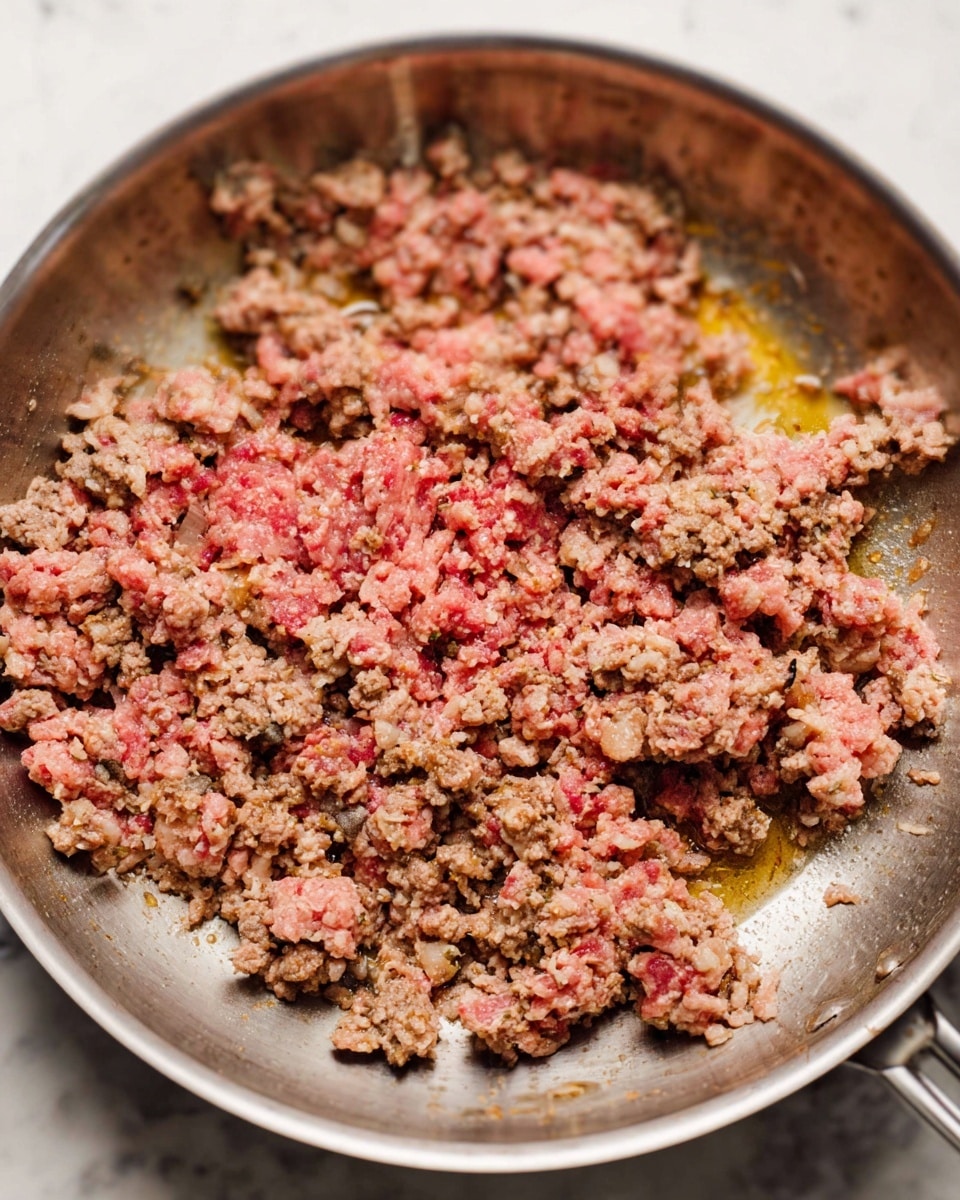 This image shows ground meat cooking in a silver pan. The meat is in small, uneven pieces, with some parts still pink and raw while other parts are brown and cooked. There is some oil and juice visible in the pan, and the texture of the meat looks soft and crumbly. The pan has a smooth metal surface and is positioned on a white marbled background. photo taken with an iphone --ar 4:5 --v 7