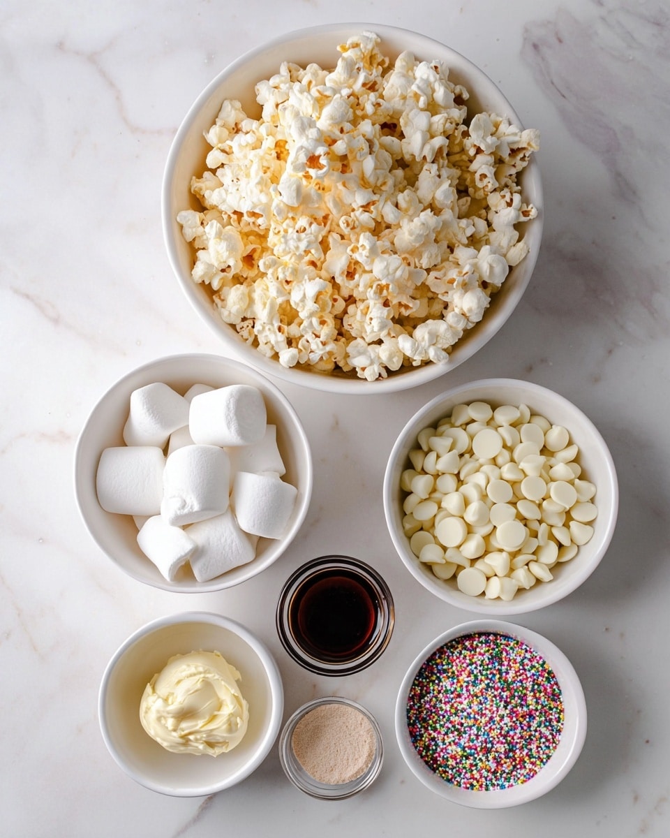 The image shows six white bowls on a white marbled surface, each holding different ingredients arranged carefully. The largest bowl in the top left corner is filled with light yellow popcorn with some browned bits. Below it, a slightly smaller bowl holds big, white marshmallows packed full and smooth textured. To the right of the marshmallows, a small white bowl contains white chocolate chips, round and shiny. Next to it under the white chocolate chips, another small bowl has colorful, thin rainbow sprinkles. Below the popcorn bowl and to the left of the marshmallow bowl are two more small bowls, one holding creamy, pale yellow butter with a soft texture, and the other with a small scoop of fine, light beige powder. In the middle between the sprinkles and marshmallows bowls is a tiny glass container of dark brown vanilla extract, smooth and reflective. All bowls have a matte finish, and the clean white marbled surface reflects soft light. The composition is neat and bright, perfect for a sweet recipe setup. photo taken with an iphone --ar 4:5 --v 7