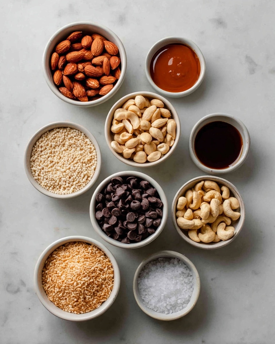 The image shows a top view of eight small white bowls arranged on a white marbled surface. The largest bowls hold almonds with a rough texture and reddish-brown color at the top left, caramel sauce with a glossy dark amber color at the top right, peanuts with a pale tan color below the almonds, and cashews with a smooth pale cream color to the right of the peanuts. Below the peanuts is a bowl of light tan puffed rice, and next to it is a bowl with dark brown chocolate chips. Two smaller bowls sit at the bottom right corner, one with coarse white salt showing a sparkling texture, and the other with a small amount of dark brown liquid. The bowls are neatly spaced and the lighting is soft, highlighting the texture and color of each ingredient. photo taken with an iphone --ar 4:5 --v 7
