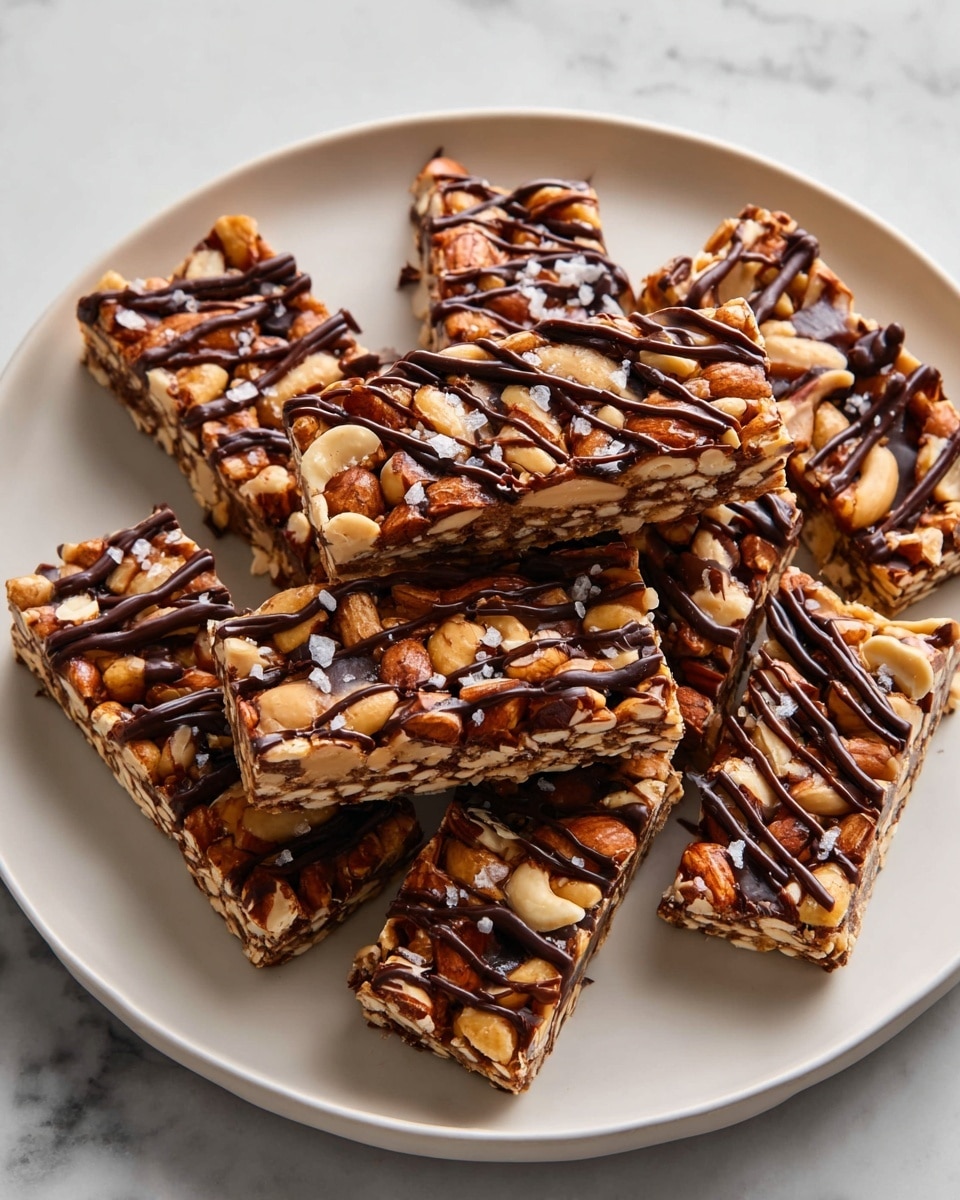A white plate holds about ten rectangular nut bars stacked slightly on top of each other. Each bar has a thick base layer of packed nuts in golden and brown shades, including almonds and peanuts, with a rough, bumpy texture. Dark chocolate is drizzled over the bars in thin, uneven lines, adding rich dark brown streaks across the nuts. Some salt flakes are sprinkled on top, giving a light contrast. The plate sits on a white marbled surface, and the lighting highlights the shiny chocolate and the textures of the nuts. photo taken with an iphone --ar 4:5 --v 7