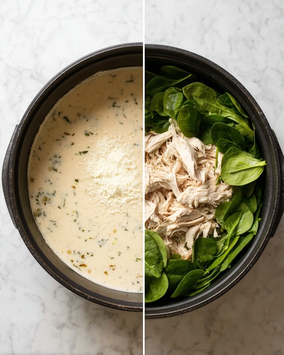 The image shows two overhead views of a black pot on a white marbled surface. On the left side, the pot is filled with a creamy light beige soup liquid, with some white powder sprinkled on top. On the right side, the same pot has the creamy soup base at the bottom, shredded pale chicken meat in the center, and fresh, bright green spinach leaves filling the rest of the pot. Photo taken with an iphone --ar 4:5 --v 7