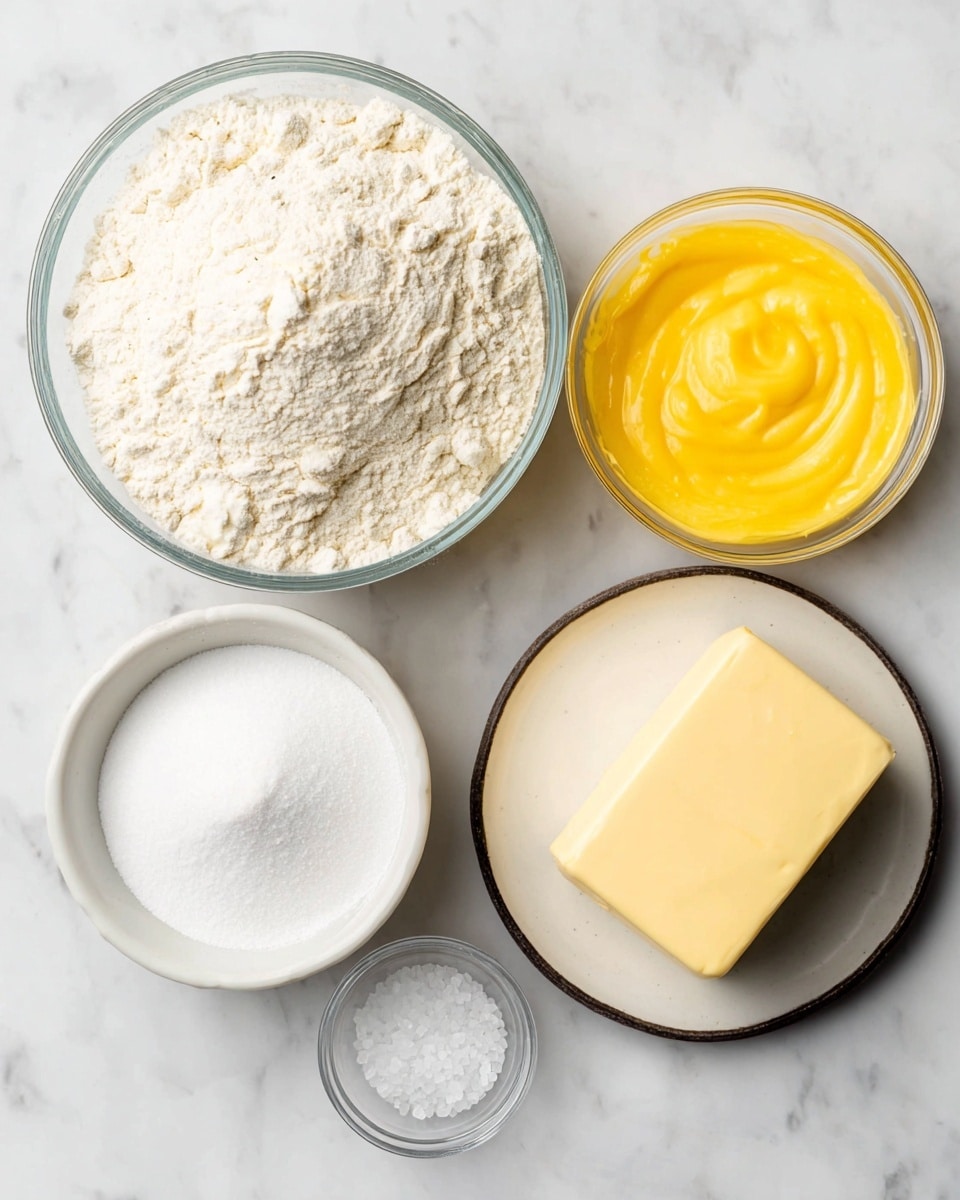 The image shows five different ingredients arranged neatly on a white marbled surface. In the top center, there is a large clear glass bowl filled with off-white flour that looks soft and slightly clumpy. To the right of the flour, there is a small clear bowl filled with smooth, thick, bright yellow custard or cream. Below the flour and custard, on the right, sits a rectangular block of pale yellow butter on a small white plate with a dark rim. On the left side below the flour, there is a shallow white bowl filled with fine white sugar, appearing evenly spread. In the bottom center, a tiny clear glass bowl holds a small amount of coarse white salt crystals. All items are clean and sharply focused, and the photo is taken with an iphone --ar 4:5 --v 7