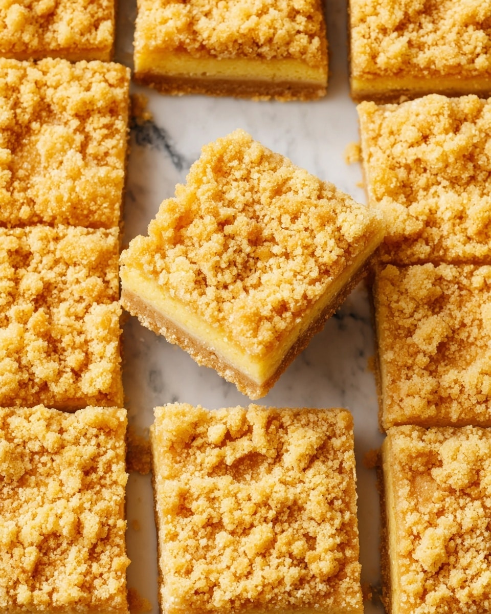 This image shows a close-up of a grid of crumb-topped square bars arranged tightly on a white marbled surface. Each bar has two visible layers: a thick, moist, light yellow base with a slightly dense texture, and a crumbly, golden-brown topping made of small and medium clumps covering the entire top. One bar is tilted to show its side, revealing the thickness of both layers clearly. The crumb topping appears rough and uneven, giving a textured look, while the base looks soft and smooth. Photo taken with an iphone --ar 4:5 --v 7