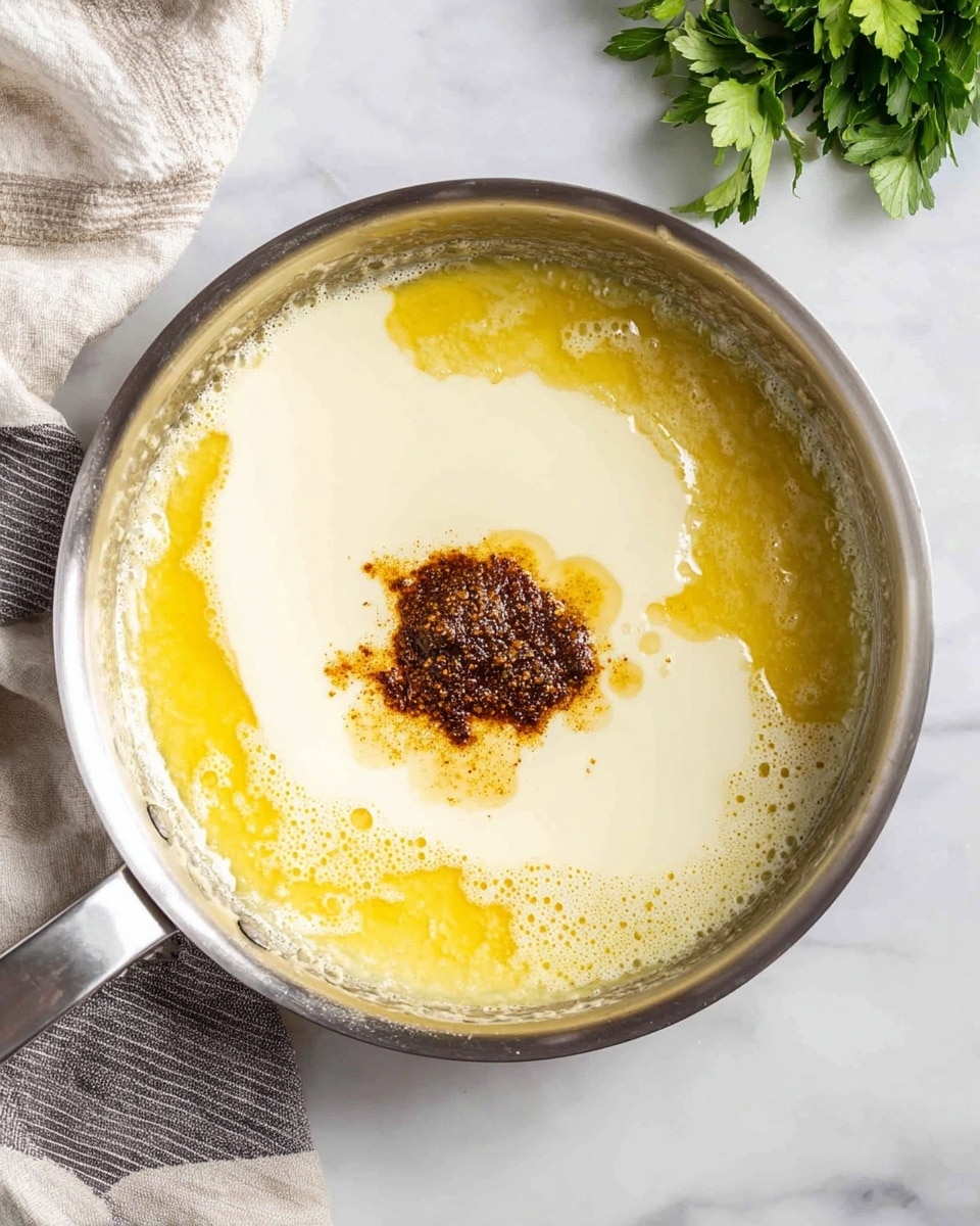 A cooked silver metal pan holds several layers of ingredients. The bottom layer is a yellow melted butter spread evenly, with a smooth and shiny texture. On top of it, there is a thick creamy white liquid covering a large part of the pan, blending slightly with the butter. In the center, a dark brown spice mix forms a small cluster, adding contrast to the light colors around it. The pan is placed on a white marbled surface with a gray and white striped cloth nearby. A small portion of green parsley leaves is visible at the top right corner. Photo taken with an iphone --ar 4:5 --v 7